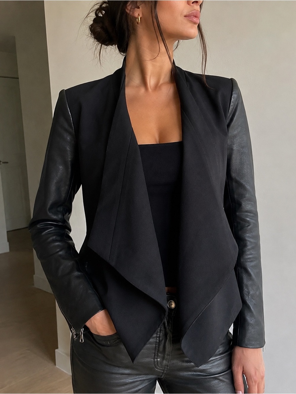 BCBGMAXAZRIA Abree Black Waterfall Front Faux Leather Jacket XS